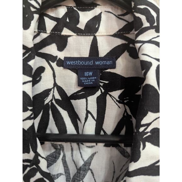 Women's black & white roll tab sleeve collared button up linen shirt plus size - Picture 2 of 9